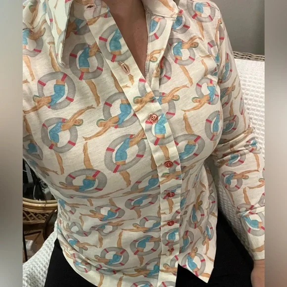 Vintage Button Up Retro Swimmer Print- Unique! - Picture 4 of 6